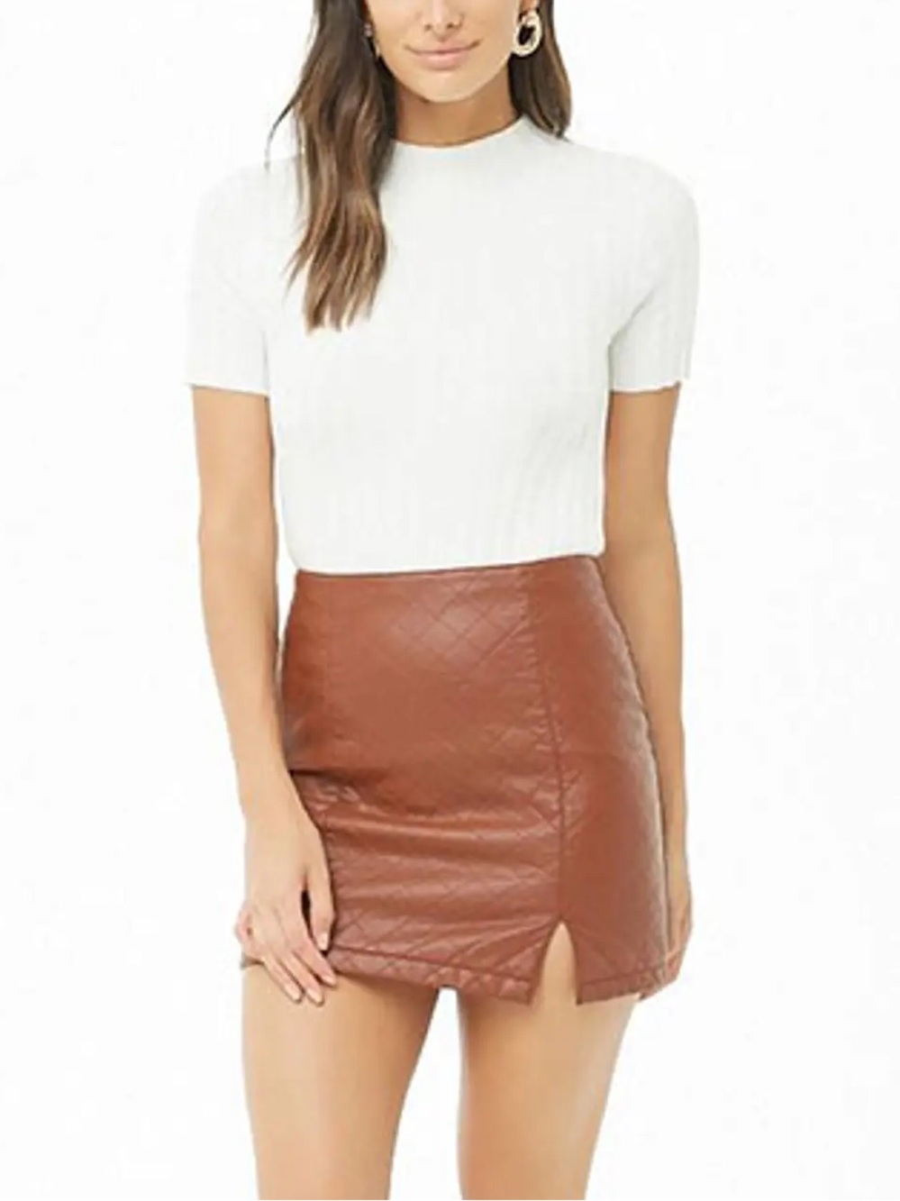 Forever 21 Quilted Faux Leather Mini Skirt in Cognac Brown